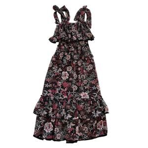Misa Tie Shoulder Tiered Black & Pink Floral Midi Size XS